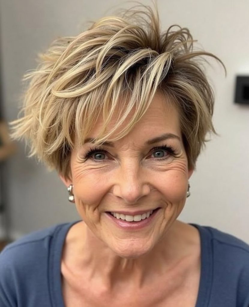 Modern short hairstyles for women over 60 wearing glasses