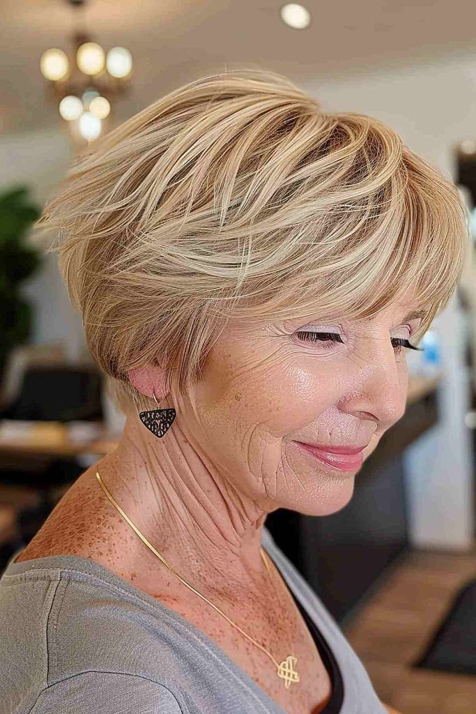 Lovely low maintenance short hairstyles women over 60 with glasses
